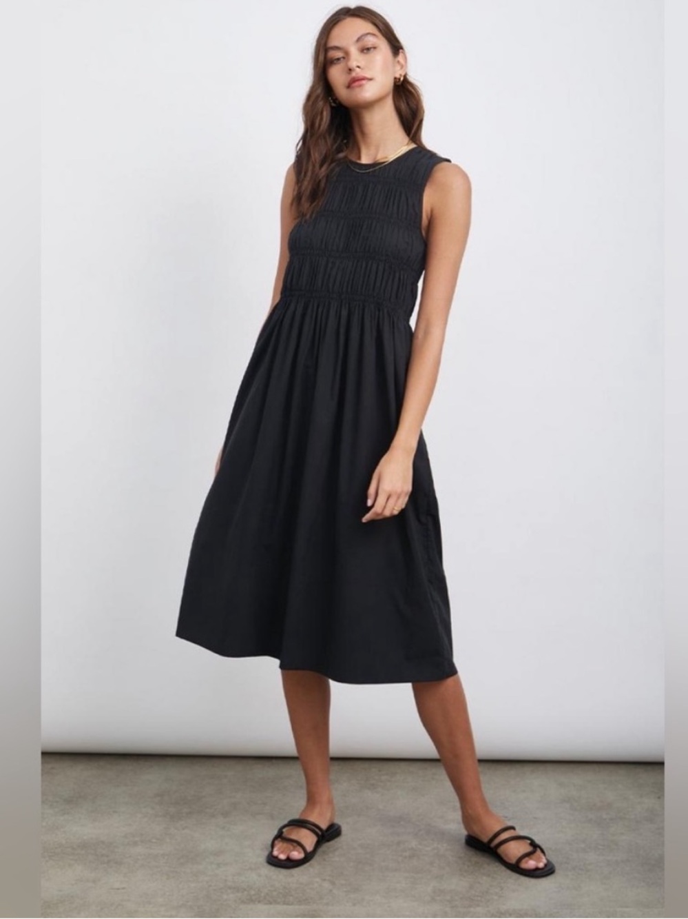 Rails Tilda Smocked Ruched Midi Dress Black Small Cotton Tencel